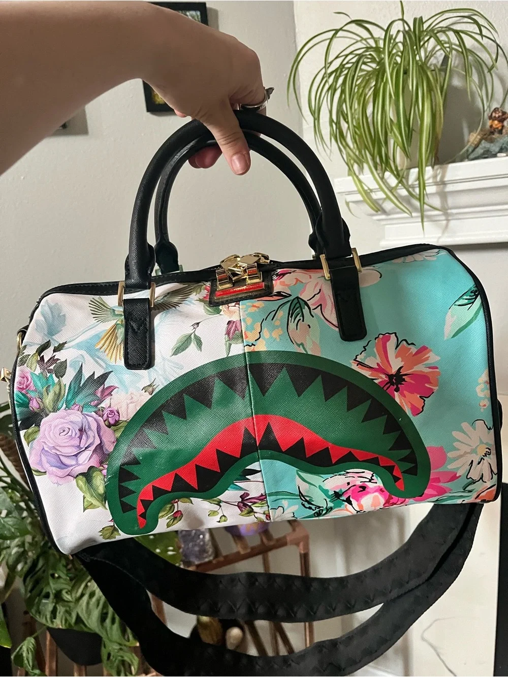 Sprayground Floral Shark Satchel in Teal, Black, Pink
